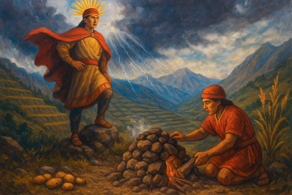 Representación del dios andino Pariacaca observando a Huaticari mientras prepara una huatia en un paisaje de terrazas