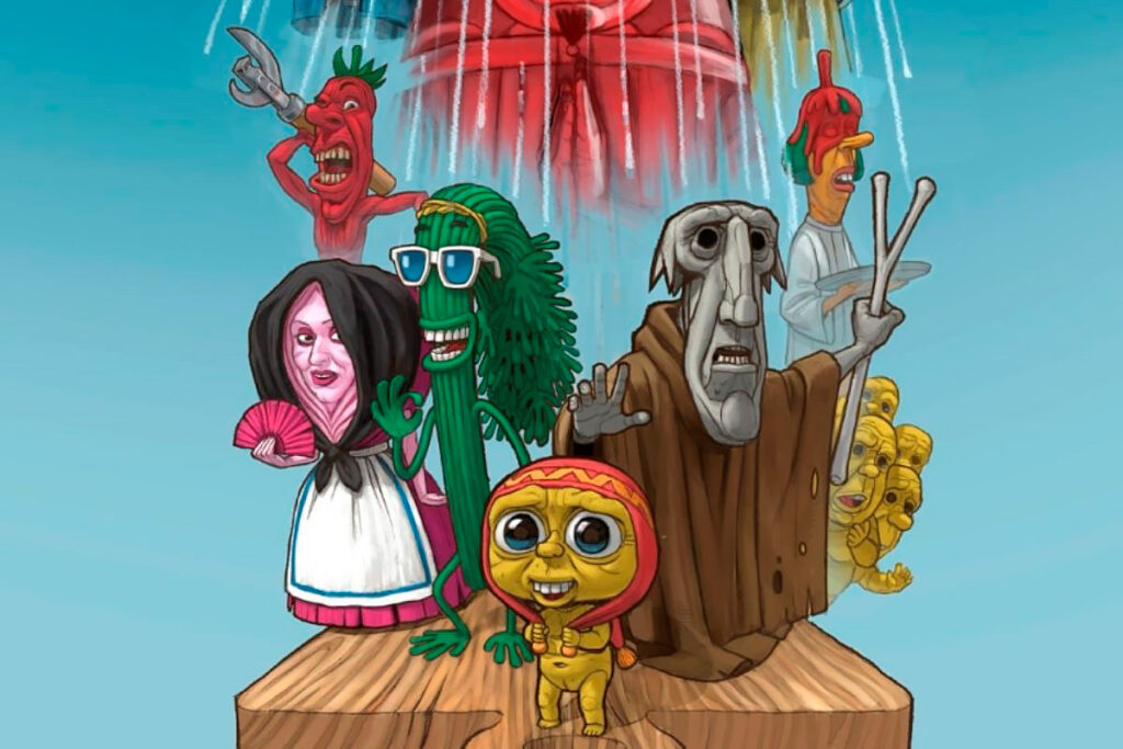 Ilustración del cómic peruano "Olluquito con charqui", donde se personifican ingredientes en clave satírica y festiva