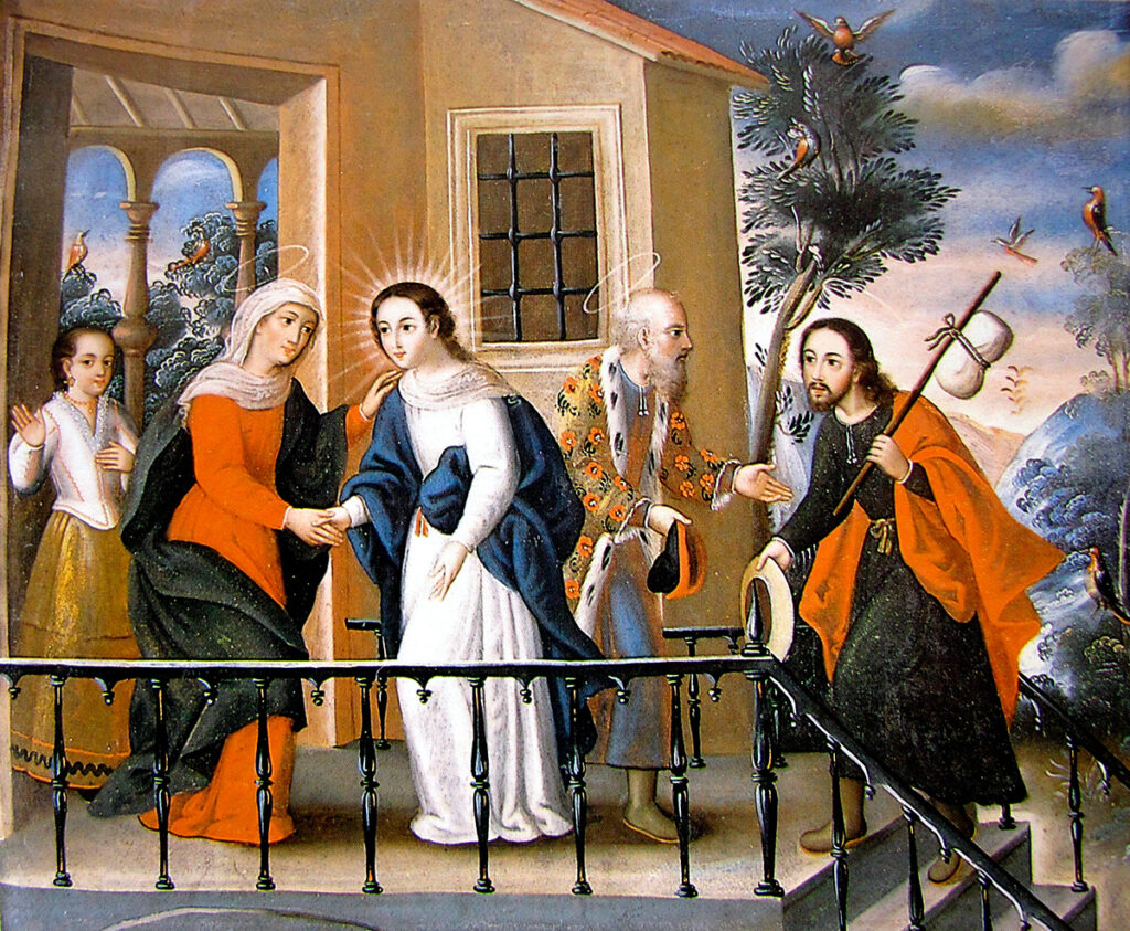 Pintura virreinal de la Visitación, obra de Marcos Zapata con elementos locales y estética cusqueña