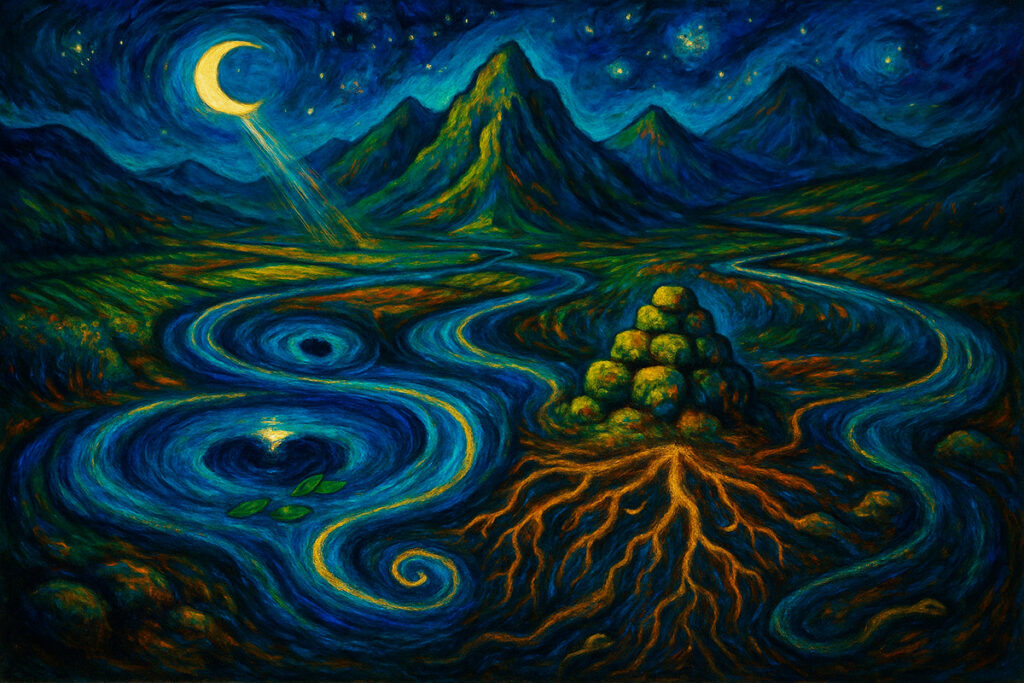 Paisaje expresionista andino con ríos en espiral, huaca sagrada, luna y raíces subterráneas iluminadas