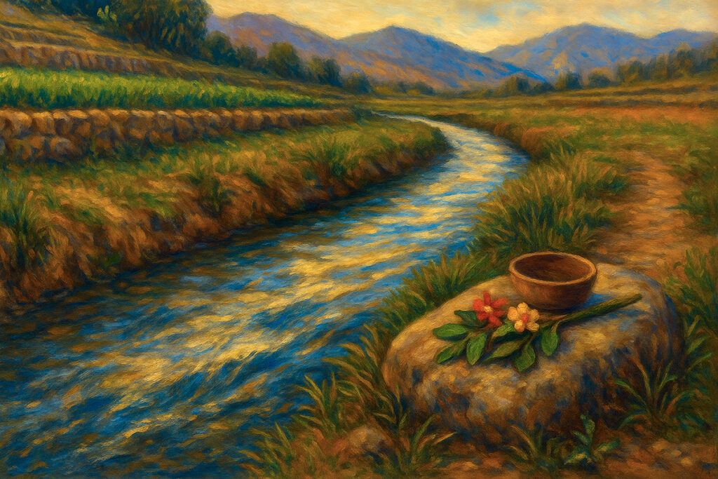 Canal andino al atardecer con ofrenda ritual de flores, coca y cuenco sobre piedra sagrada