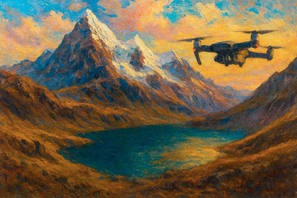 Dron sobrevolando laguna y montañas nevadas en la cordillera del Ausangate