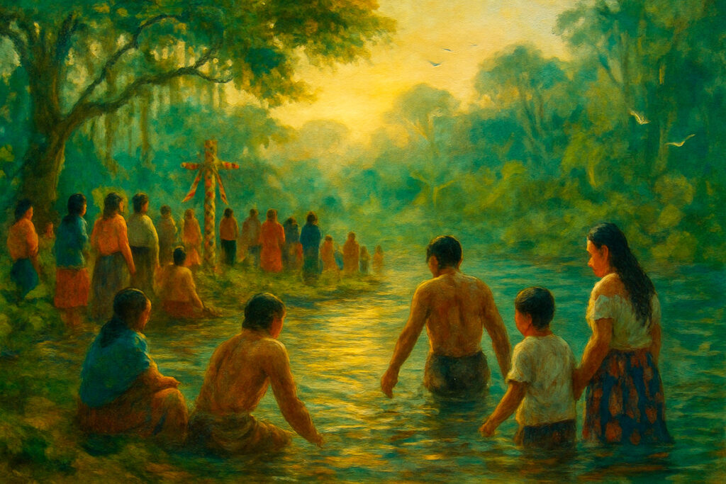 Personas de la amazonía peruana al amanecer ingresando a un río para realizar el baño bendito durante la Fiesta de San Juan en la selva peruana.