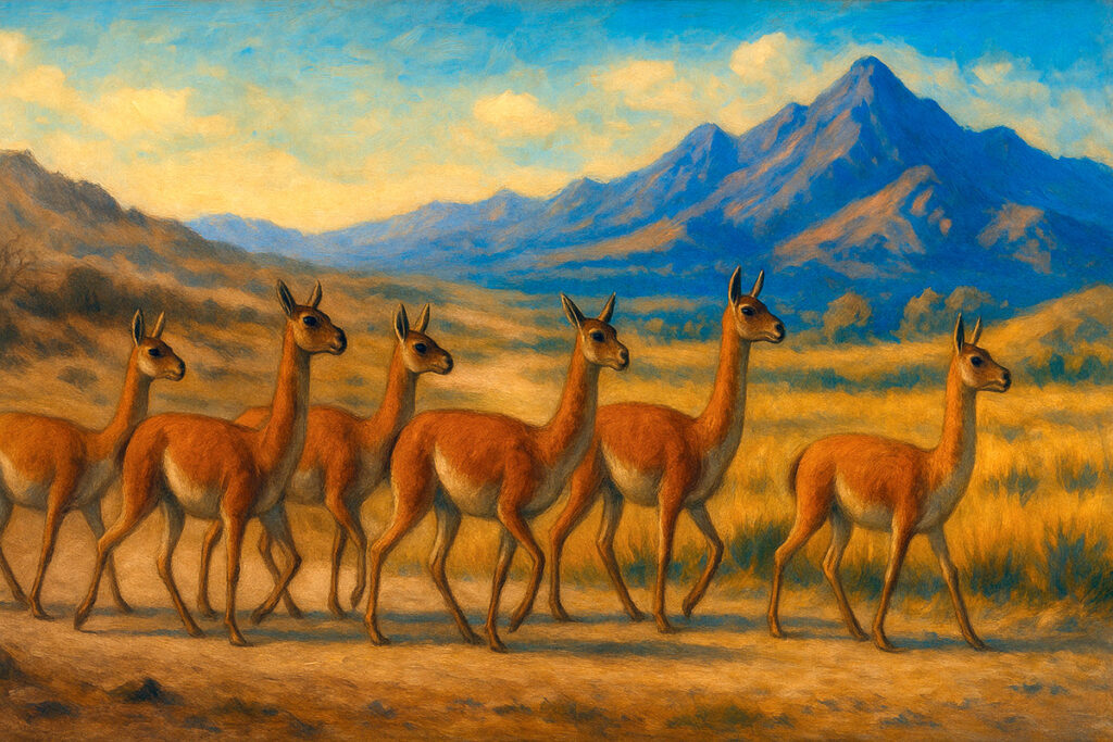 Grupo de guanacos avanzando por un sendero que conecta un paisaje árido norteamericano con el altiplano andino, bajo un cielo despejado y montañas al fondo.