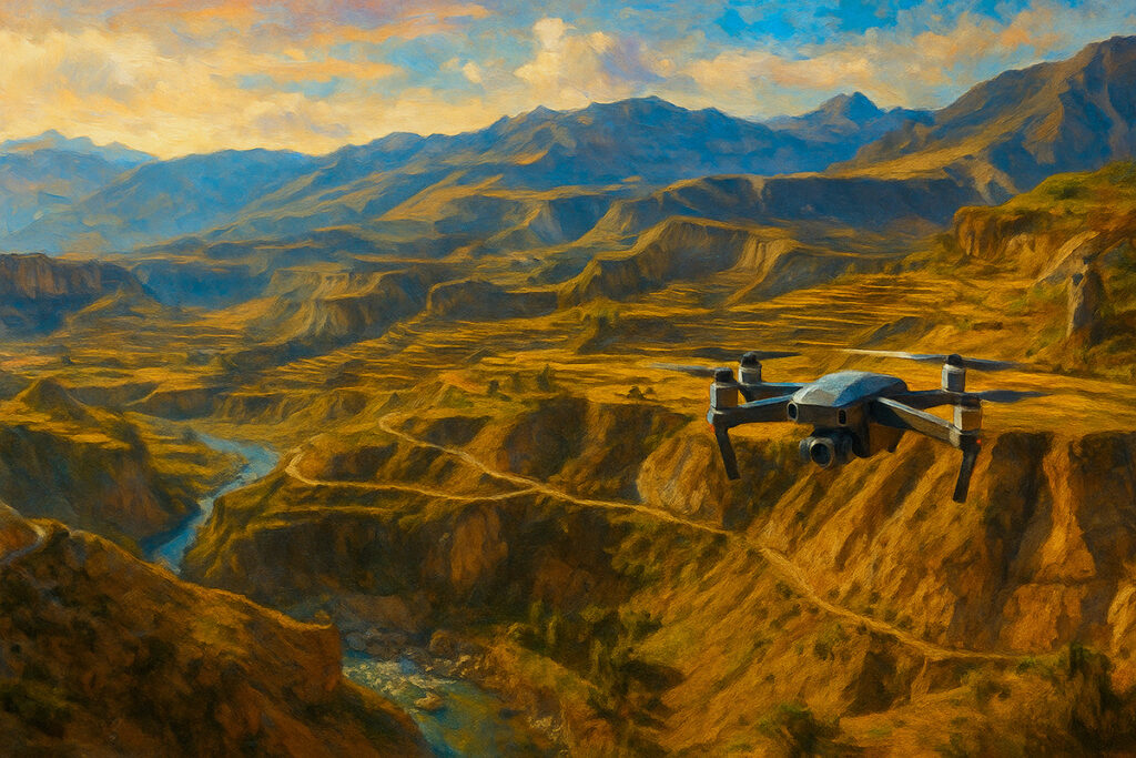 Dron volando sobre el Cañón del Colca con terrazas andinas y paisaje montañoso al amanecer