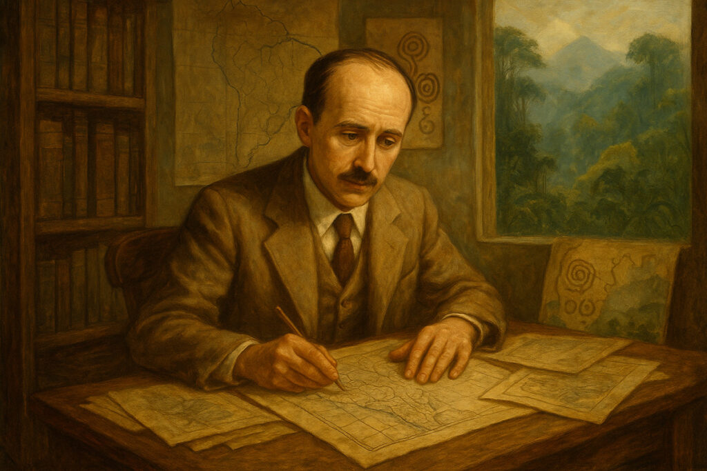Retrato pictórico del investigador Carlos Neuenschwander Landa revisando mapas coloniales, con la selva y petroglifos de fondo