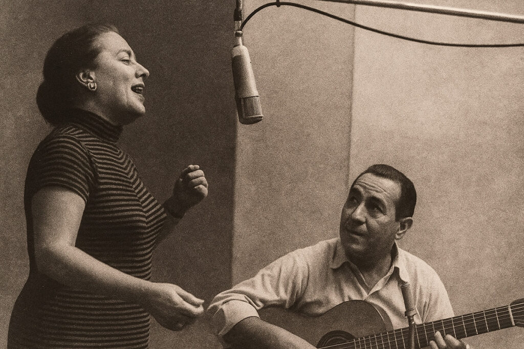 Chabuca Granda cantando junto a Óscar Avilés en una sesión de grabación en blanco y negro, íconos de la música criolla del Perú