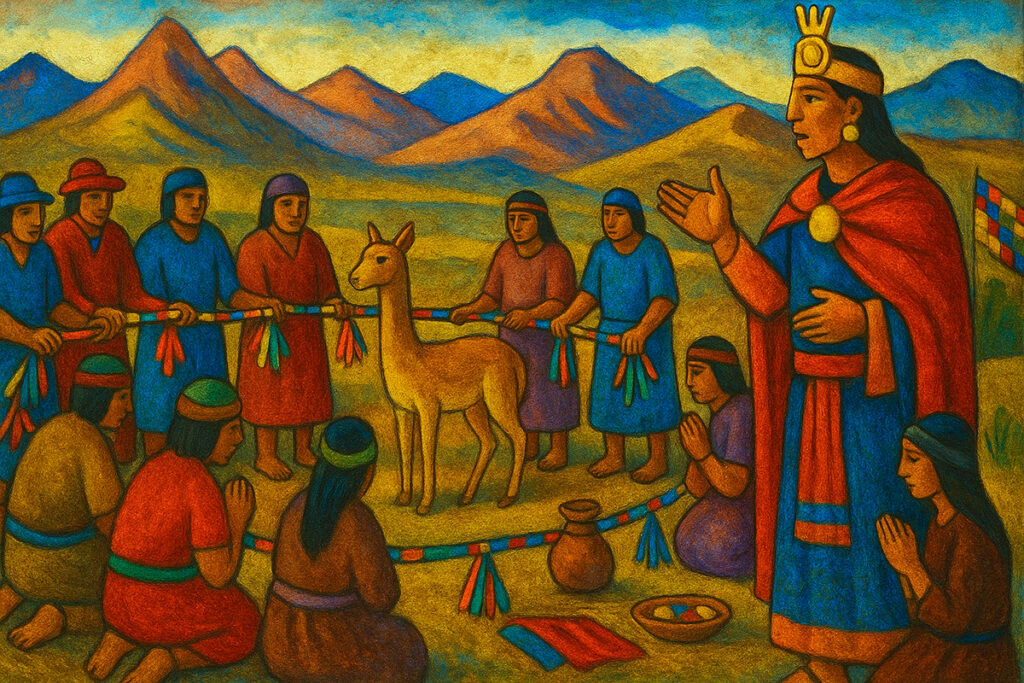 Ceremonia ancestral del Chaccu representada en estilo mural andino, con una vicuña rodeada por comuneros y un líder inca, bajo un paisaje montañoso