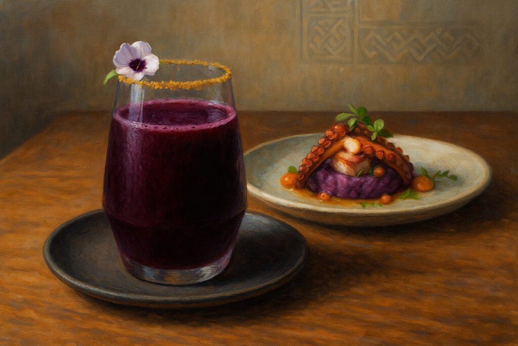 Vaso de chicha morada decorado con flor comestible y borde cítrico, acompañado de un plato gourmet peruano con pulpo y puré de raíces andinas