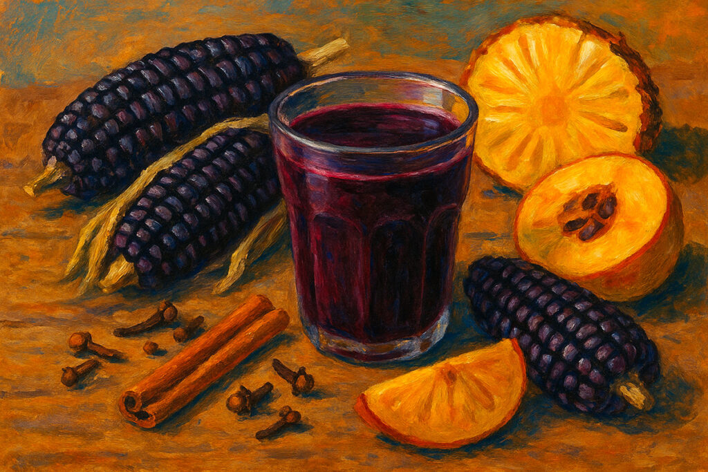 Vaso de chicha morada rodeado por maíz morado, piña, membrillo, canela y clavo de olor sobre una mesa rústica