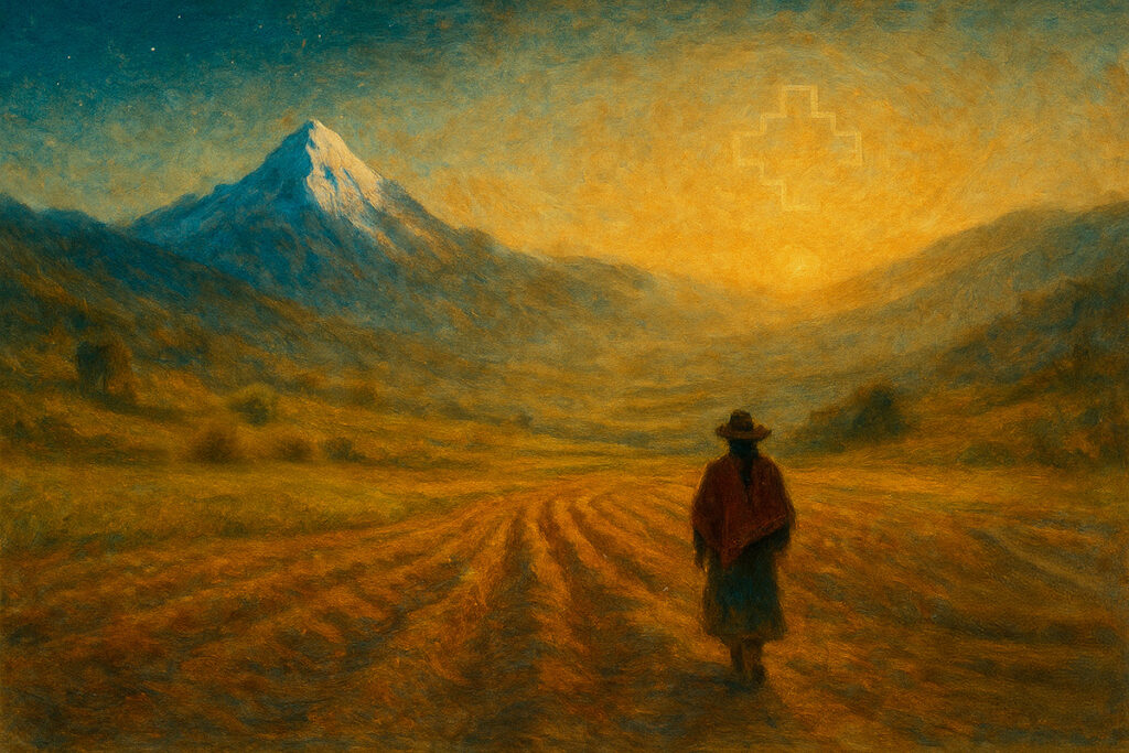 Paisaje andino al amanecer con campos de cultivo, un apu nevado al fondo y una figura humana de espaldas, integrada al entorno en una escena pictórica inspirada en la cosmovisión andina del pacha