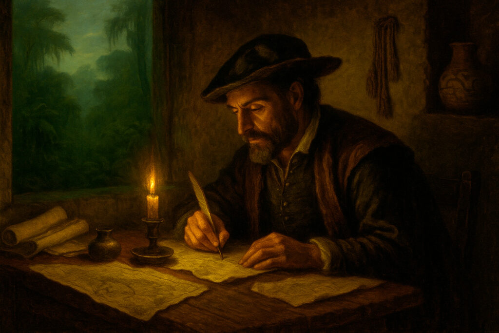 Cronista colonial escribiendo a la luz de una vela mientras traza mapas sobre el Paititi, con selva insinuada al fondo