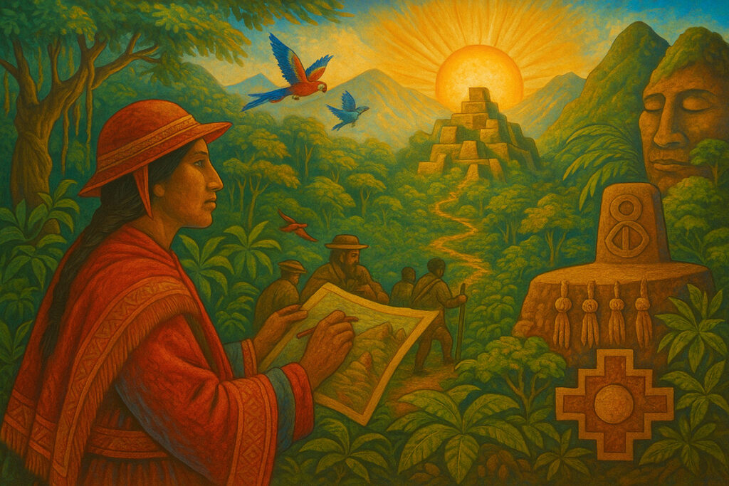 Mural andino que representa a una mujer indígena observando el camino hacia el Paititi, con símbolos incas y un paisaje selvático iluminado por el sol