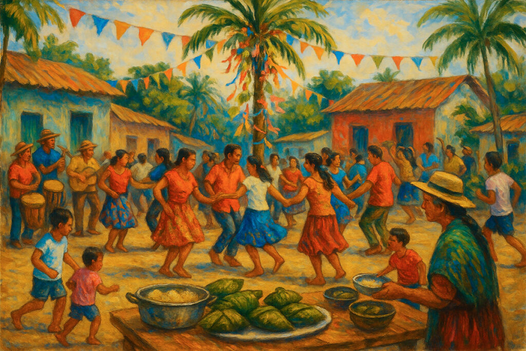 Celebración popular de la Fiesta de San Juan en la selva peruana, con danzas, música y juanes en una plaza amazónica
