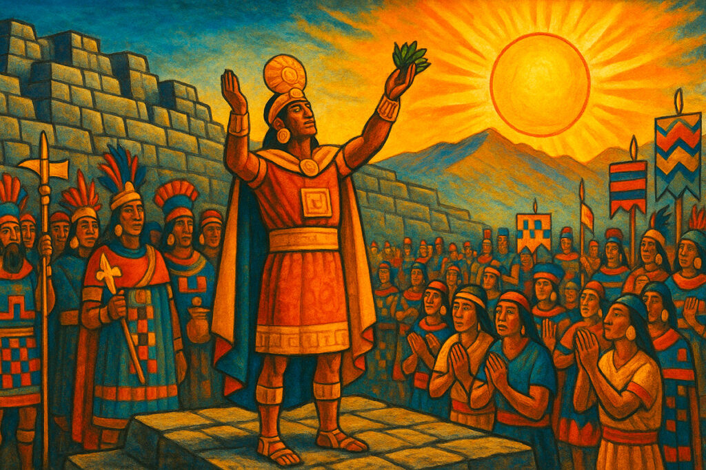 Representación mural del Inti Raymi en Sacsayhuamán, con el Sapa Inca ofreciendo hojas de coca al sol ante una multitud vestida con trajes ceremoniales andinos