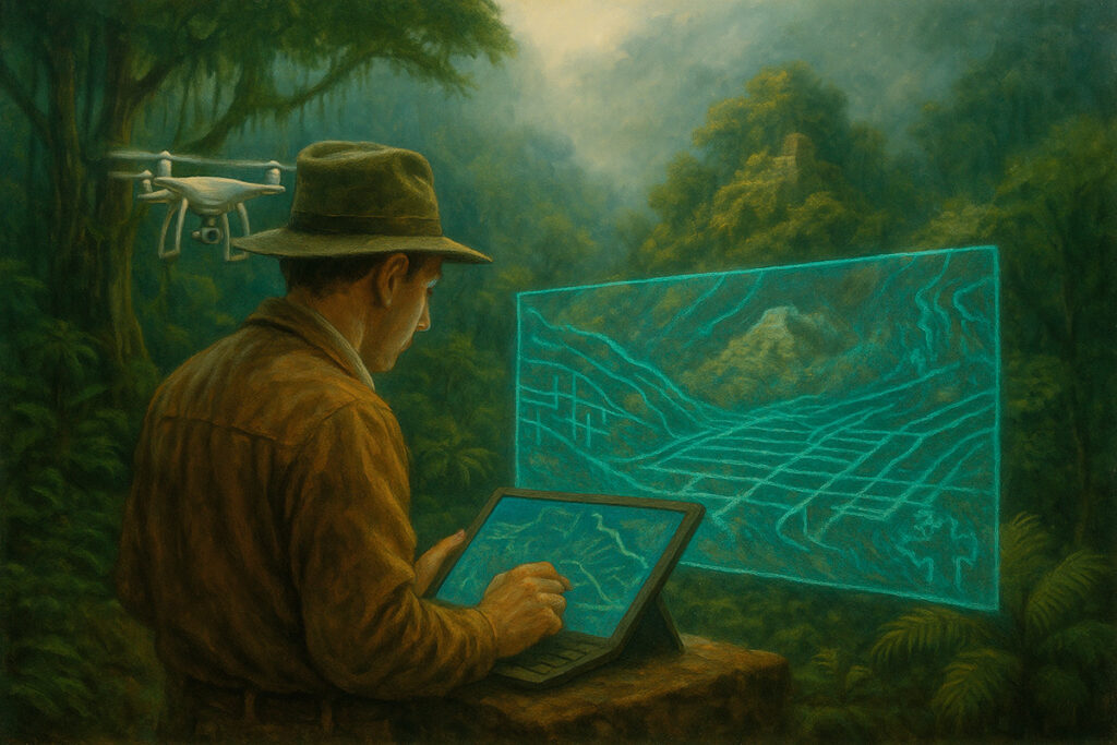 Investigador moderno en la selva analizando un mapa LIDAR proyectado digitalmente, con un dron sobrevolando y ruinas ocultas al fondo