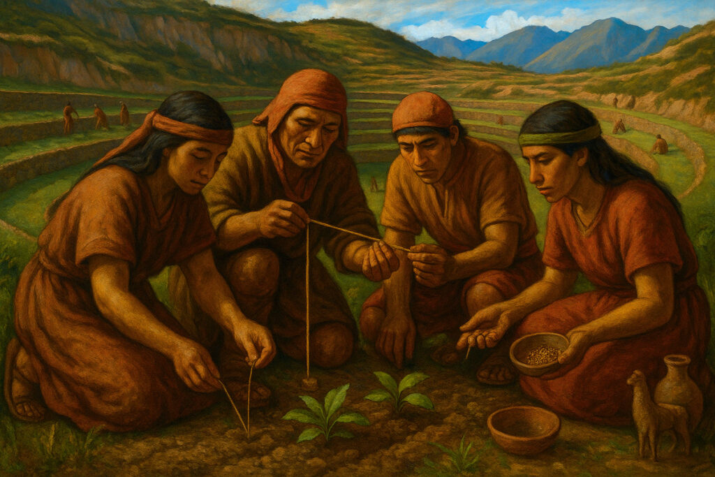 Ilustración de época incaica que muestra agricultores experimentando con cultivos en las terrazas de Moray, en el Valle Sagrado del Perú