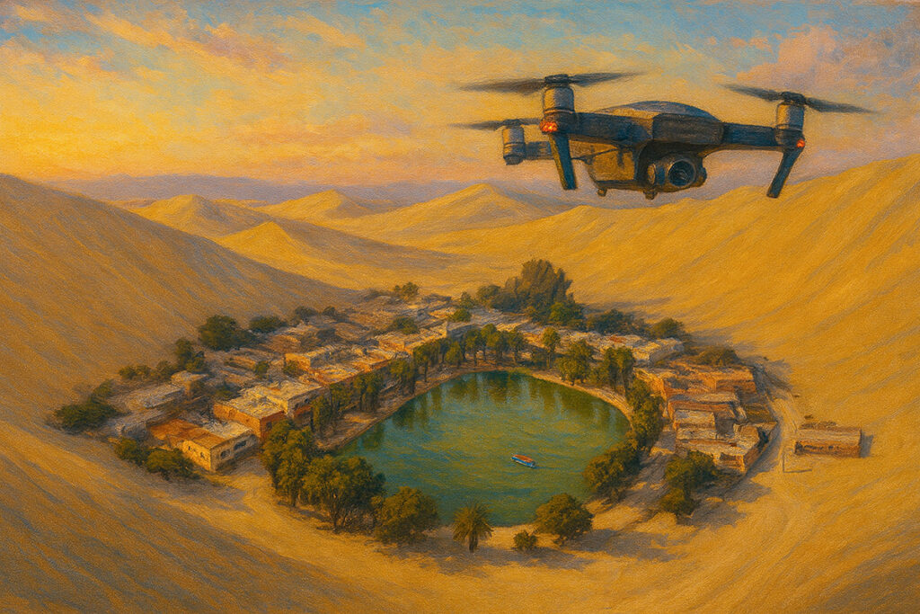 Dron sobrevolando el oasis de Huacachina al atardecer