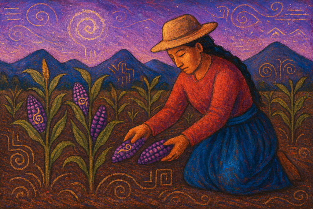 Mujer andina cosechando maíz morado al atardecer, con símbolos ancestrales en el cielo y campos rodeados de montañas