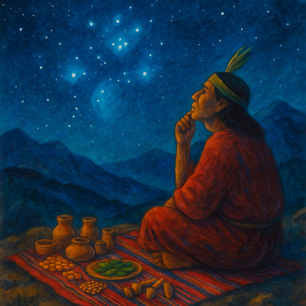 Paqo sentado sobre un manto ritual, observando la constelación de las Pléyades en el cielo nocturno, con ofrendas dispuestas frente a él y montañas al fondo.