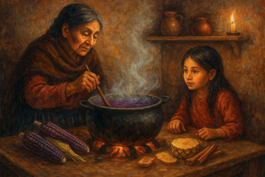 Mujer andina enseñando a una niña a preparar chicha morada en una cocina tradicional, con maíz morado y especias sobre la mesa