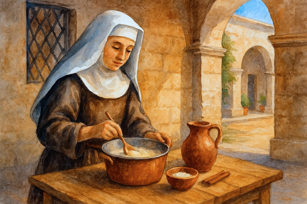 Monja arequipeña de época virreinal preparando una mezcla láctea en un convento, con utensilios tradicionales sobre una mesa rústica y muros de sillar al fondo