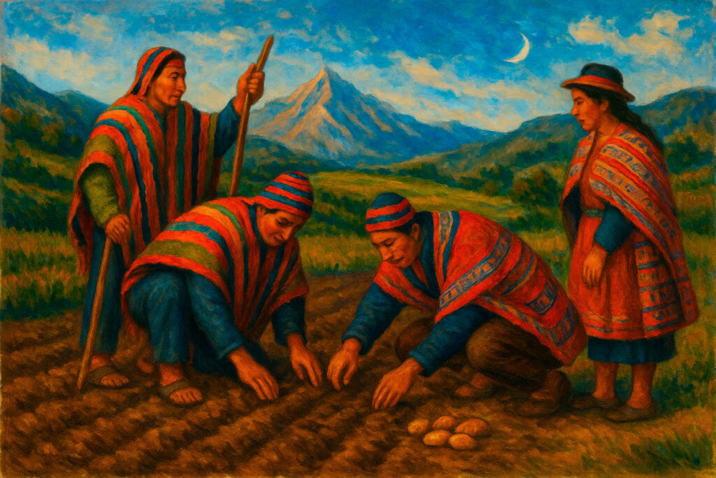Pintura de la comunidad campesina de Amaru, en Pisac, mostrando a sus miembros trabajando colectivamente en la chacra, con vestimenta tradicional quechua y un paisaje andino al fondo