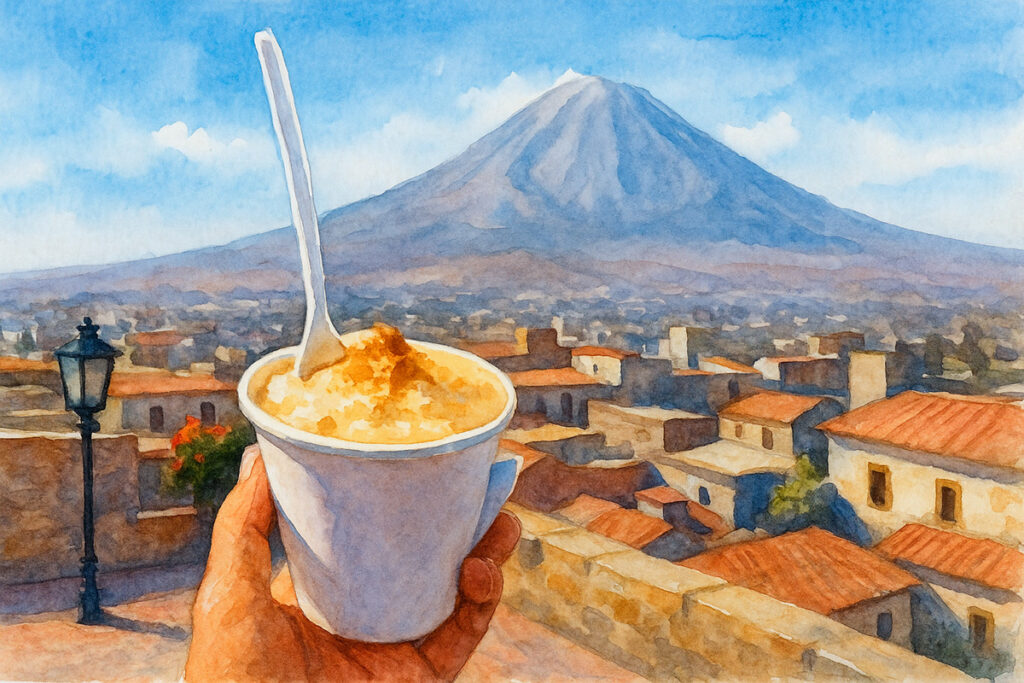 Pintura en acuarela de un vaso de queso helado arequipeño sostenido frente al volcán Misti, con techos de tejas y la ciudad de Arequipa extendiéndose en el fondo bajo un cielo despejado