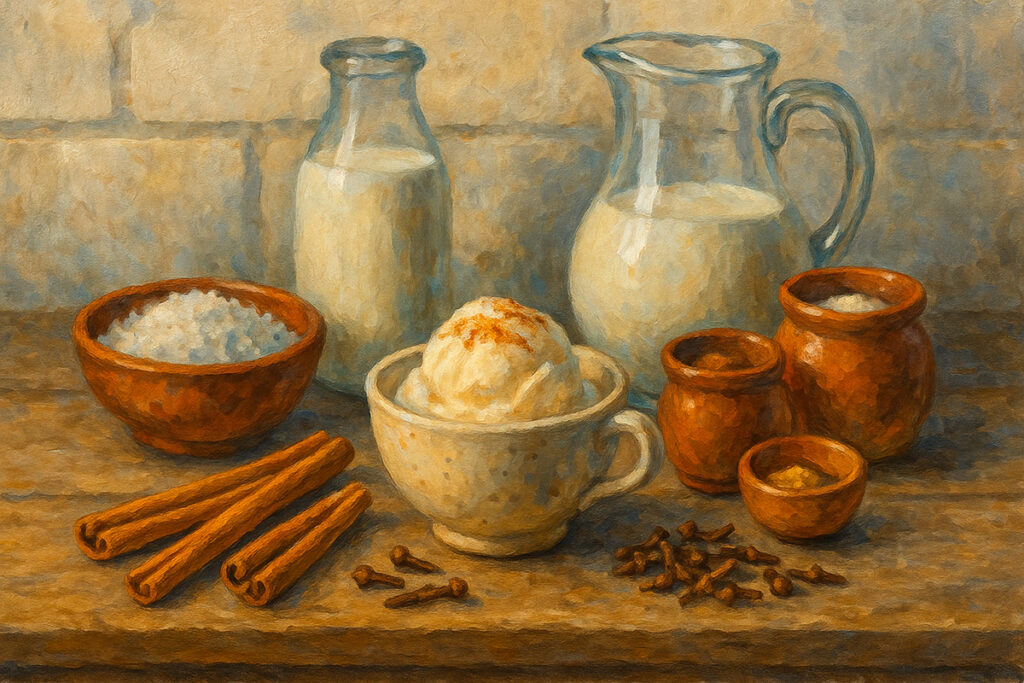 Bodegón con ingredientes tradicionales del queso helado arequipeño: leche, coco rallado, canela, clavo de olor, azúcar y un pocillo con el postre servido, sobre mesa de madera y fondo de sillar