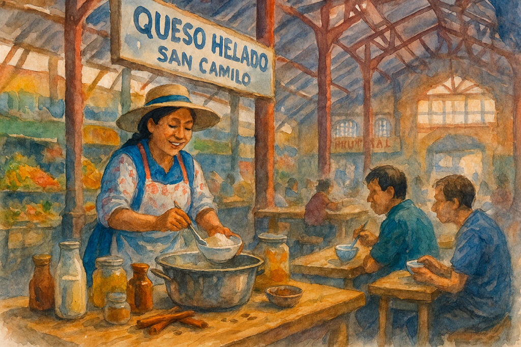 Pintura en acuarela de una vendedora de queso helado atendiendo su puesto en el Mercado San Camilo de Arequipa, rodeada de frascos con ingredientes y comensales disfrutando del postre en un ambiente iluminado por la luz natural