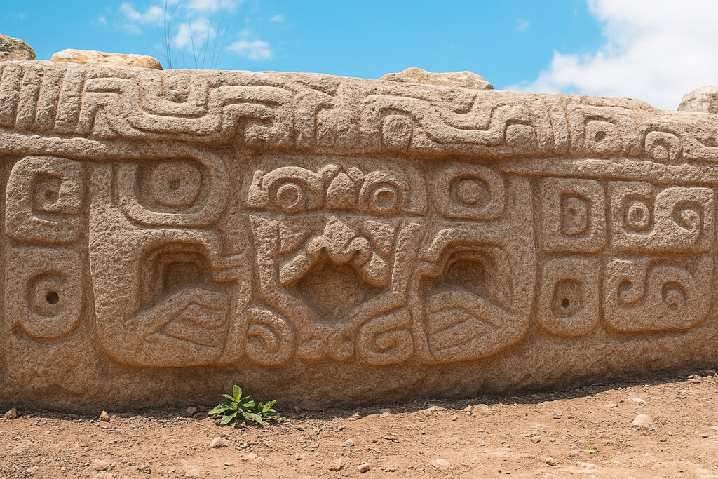 Relieve ceremonial de Kuntur Wasi con figuras felínicas, serpientes y símbolos geométricos tallados en piedra