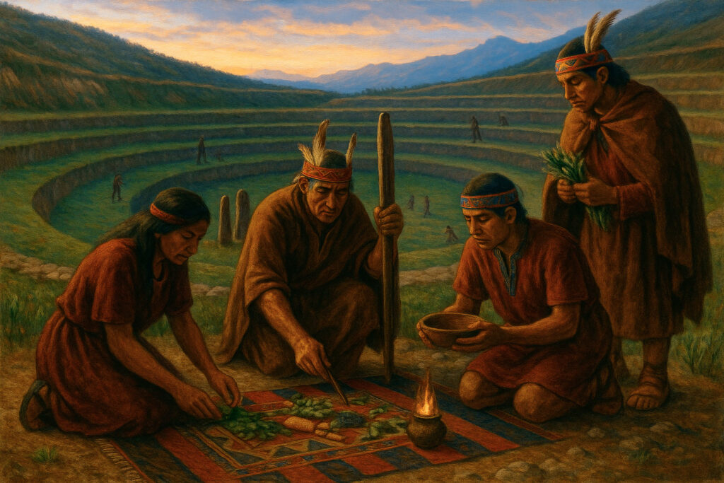 Escena ritual inca en las terrazas de Moray, con ofrendas agrícolas a la Pachamama durante el atardecer en el Valle Sagrado