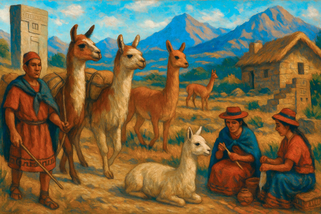 Escena andina ambientada en tiempos de Pukara y Tiahuanaco, con llamas de carga, una alpaca esquilada junto a hilanderas, vicuñas en libertad y arquitectura preincaica en el fondo