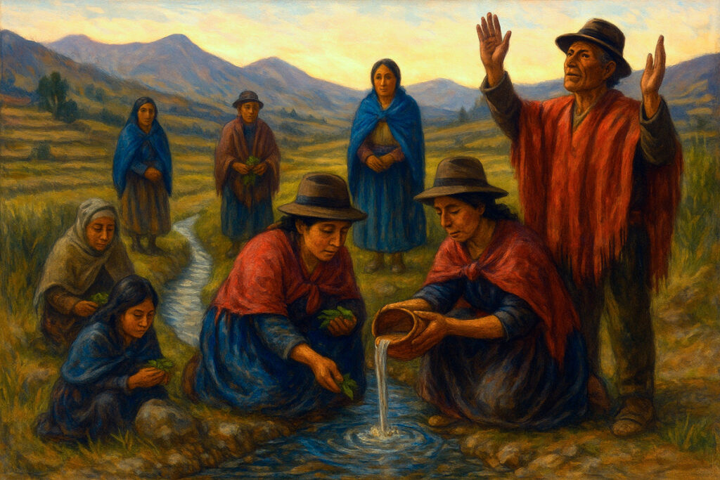 Comuneros andinos realizando un ritual de apertura de canales con hojas de coca y chicha junto a un riachuelo