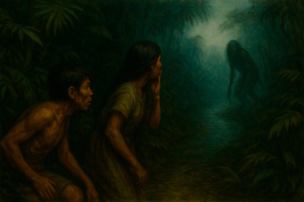 Pareja amazónica sorprendida en la ribera por una figura oscura en la selva, escena nocturna que evoca la presencia del Tunche.