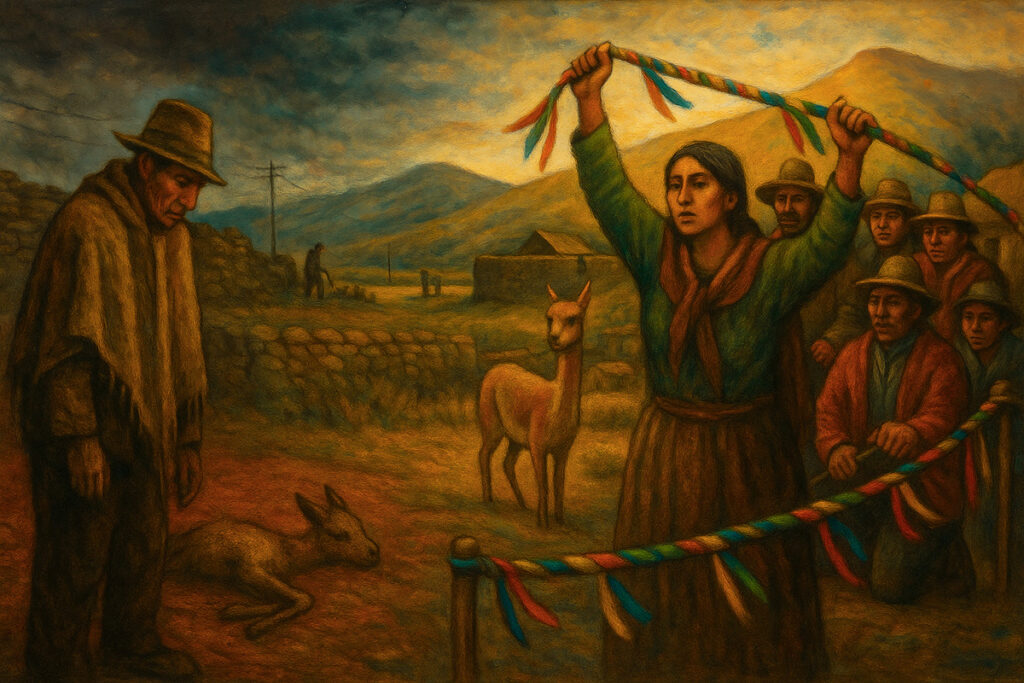 Pintura al óleo con estética andina que muestra la transición del abandono a la recuperación del Chaccu: un comunero llora la pérdida de una vicuña mientras, al otro lado, una mujer alza una soga colorida frente a una comunidad reunida