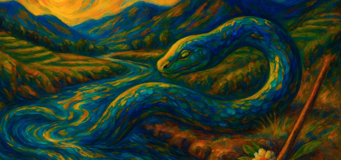 Serpiente sagrada de Yaku Mama fluyendo en río expresionista andino bajo luz dorada entre montañas