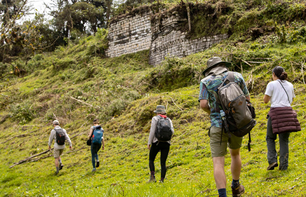Grupo de turistas realizando una caminata por senderos verdes cerca de vestigios arqueológicos en Chachapoyas