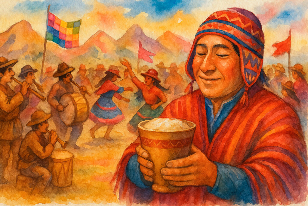 Representación pictórica de una celebración andina con danzantes y músicos, donde se comparte chicha de jora en un ambiente festivo.