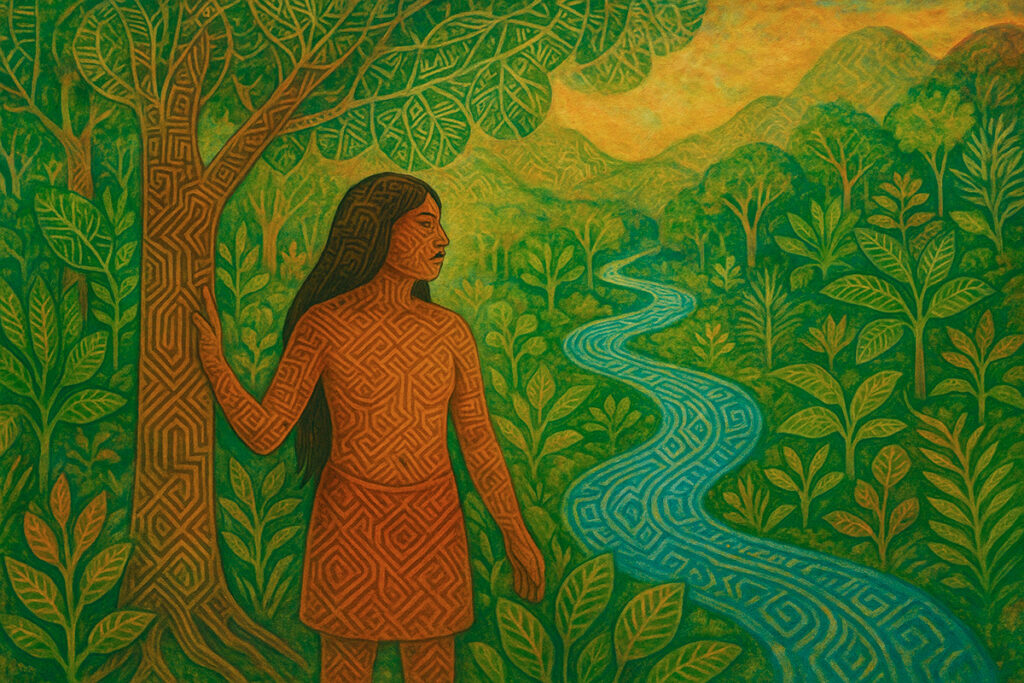 lustración de mujer indígena conectada con la selva y un río serpenteante, en estilo amazónico simbólico