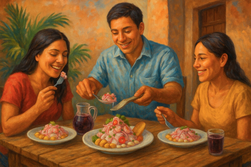 Pintura de una familia peruana compartiendo un plato de ceviche en la mesa