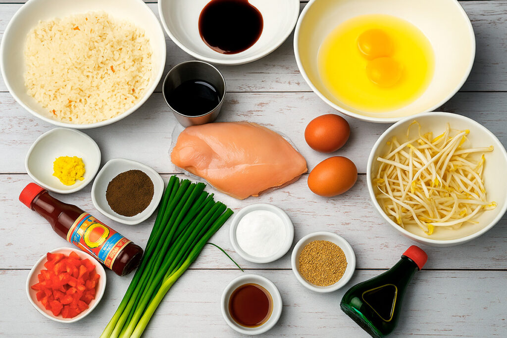 Ingredientes clásicos del arroz chaufa sobre una mesa, como arroz, pollo, huevos, sillao, cebolla china y brotes de soja