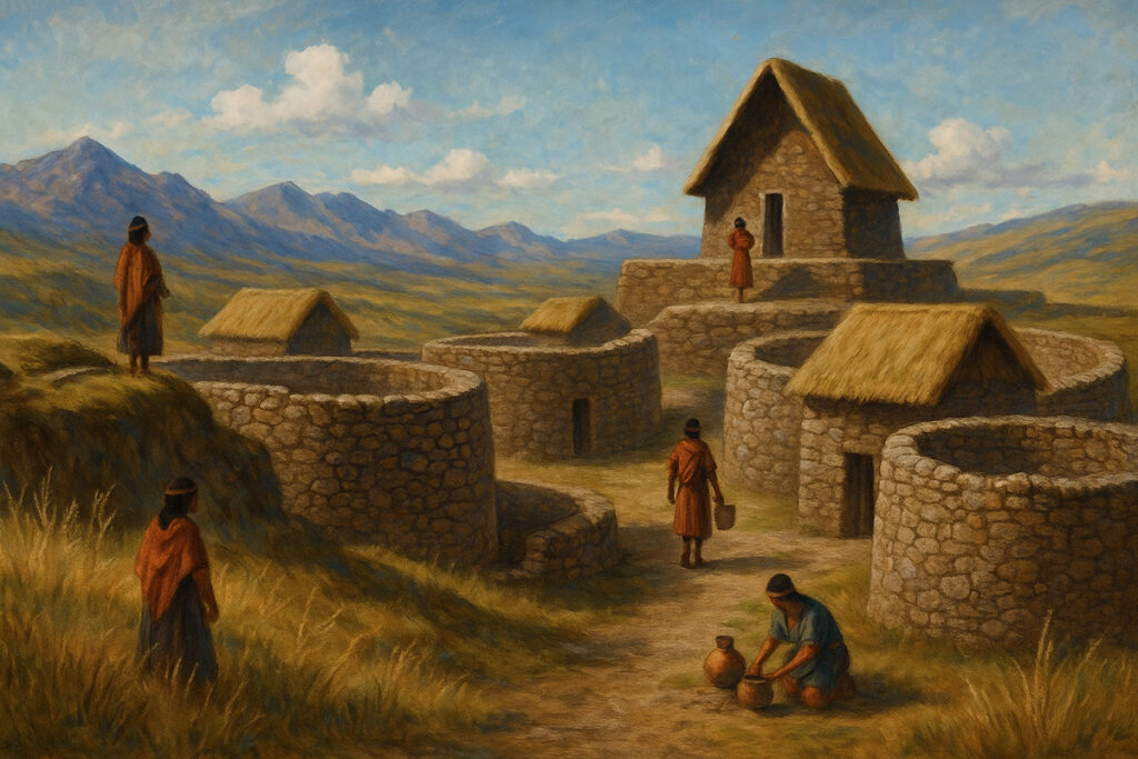 Ilustración de Kanamarka en época incaica, con estructuras de piedra, techos de ichu y figuras andinas en un paisaje altoandino