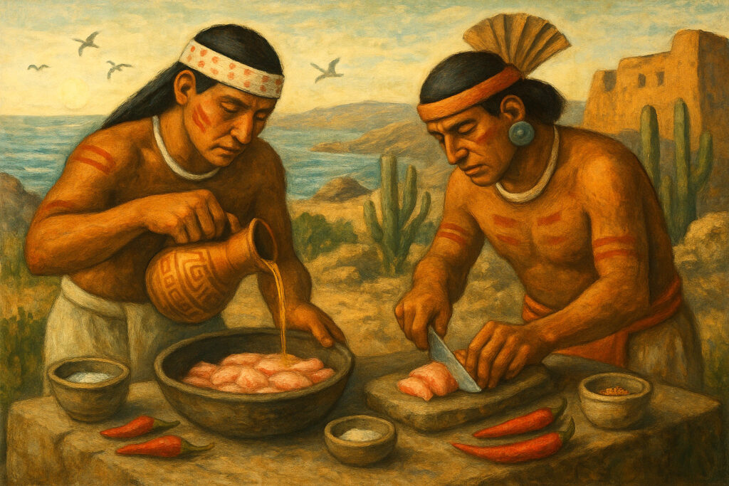 Dos hombres mochicas preparan pescado con ají y chicha de jora en un entorno desértico costero, representando una escena culinaria prehispánica del norte del Perú