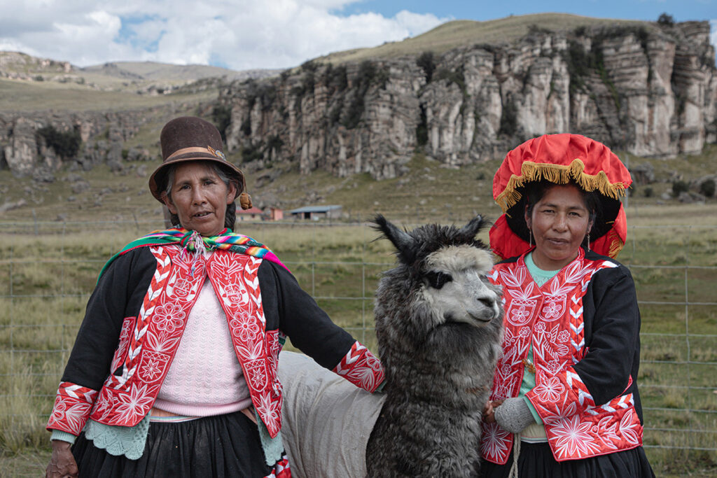 Mujeres del altiplano con vestimenta tradicional junto a una alpaca, frente a formaciones rocosas