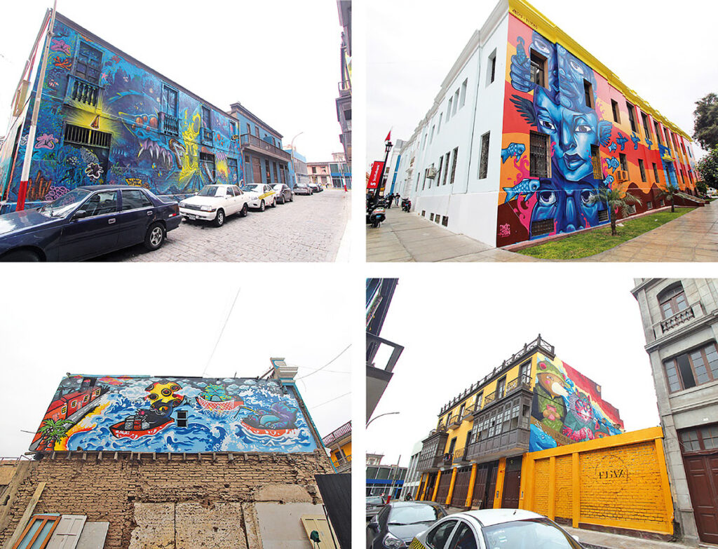 Murales coloridos en fachadas de edificios del Callao Monumental, intervenidos por artistas urbanos nacionales e internacionales