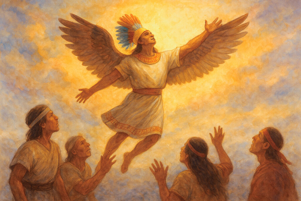 Ilustración pictórica de Naylamp ascendiendo al cielo con alas doradas, mientras su pueblo lo contempla con asombro y veneración