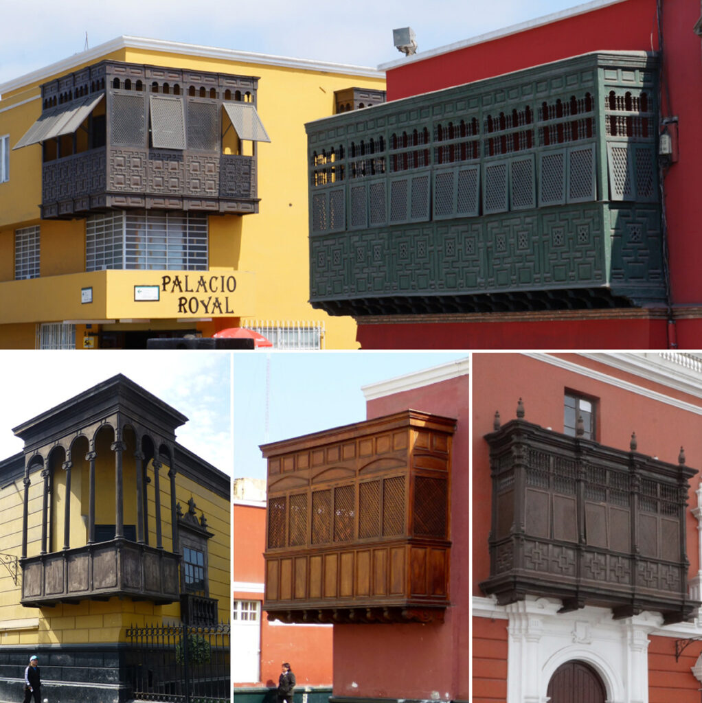 balcones y ventanas tradicionales de Trujillo con rejería y acabados en madera tallada