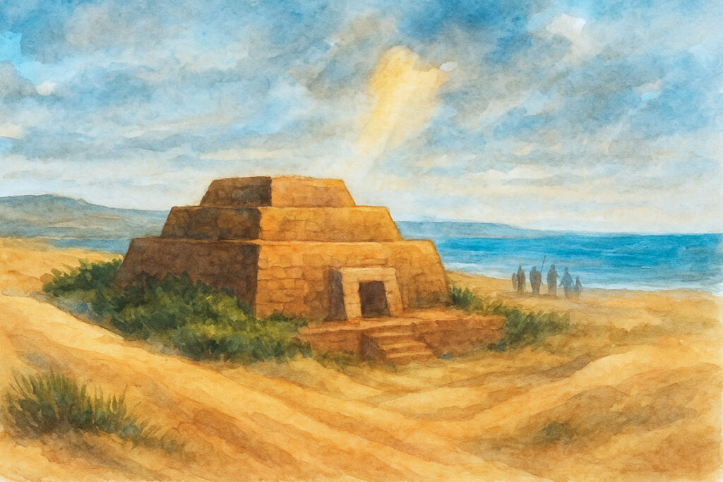 Ilustración en acuarela de una huaca semioculta en la arena, simbolizando el “palacio de Sium”, con indígenas protegiéndola mientras al fondo se insinúan conquistadores españoles