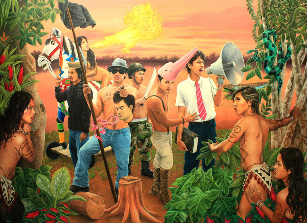Pintura de Christian Bendayán con escenas amazónicas y personajes híbridos en colores vibrantes
